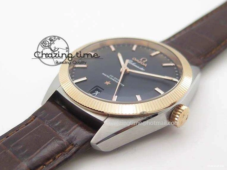 0214 Sporty Globemaster Master Chronometer SS RG V6F Best Edition Black Dial On Brown Leather Strap A 8270